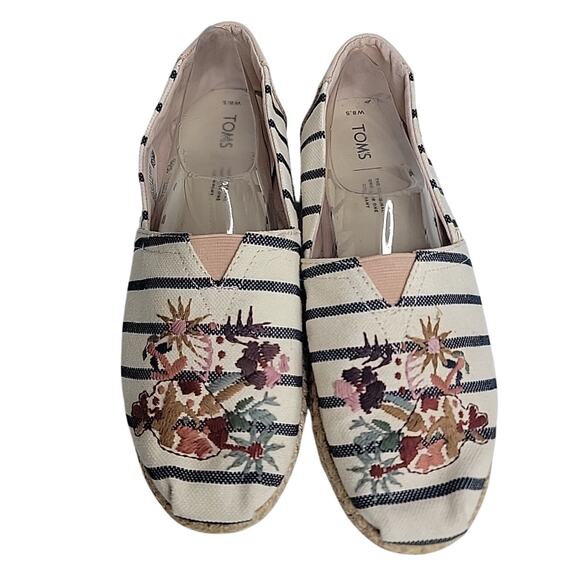 Toms Alpargata Rope Espadrilles Floral Embroidered Slip On Flats Size 8.5 EUC - Picture 1 of 9